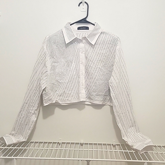 Rhinestone Pinstripe Button Down Blouse